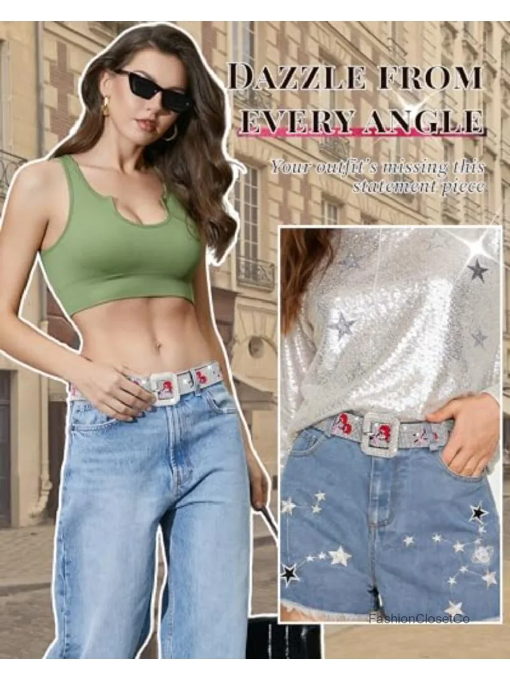 Sparkly Rhinestone Belt with Silver Buckle - Y2K Punk Women's Medium PU Leather